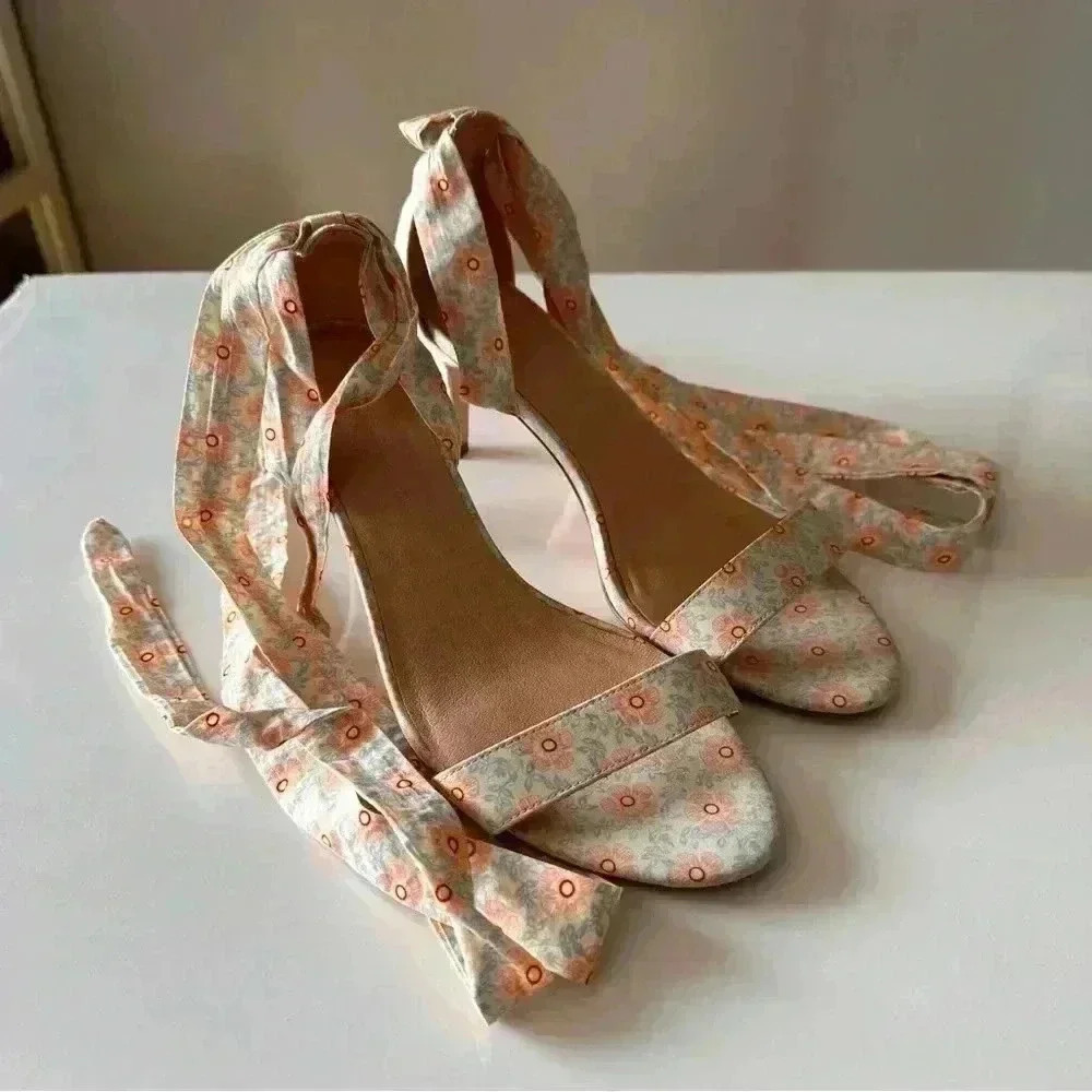 Anthropologie Floral Tie Up Heels Women’s size 8 Balletcore Boho Wedding Formal - Picture 6 of 14